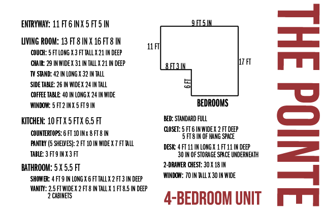 graphic of room dimensions at the Pointe
